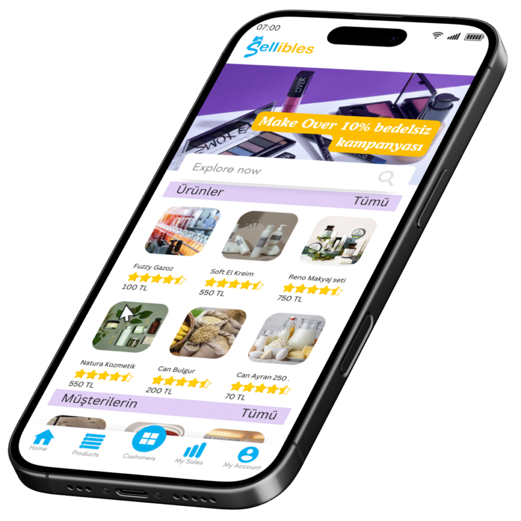 Sellibles freelance sales mobile app showing product categories and customers on a 3D angled smartphone.