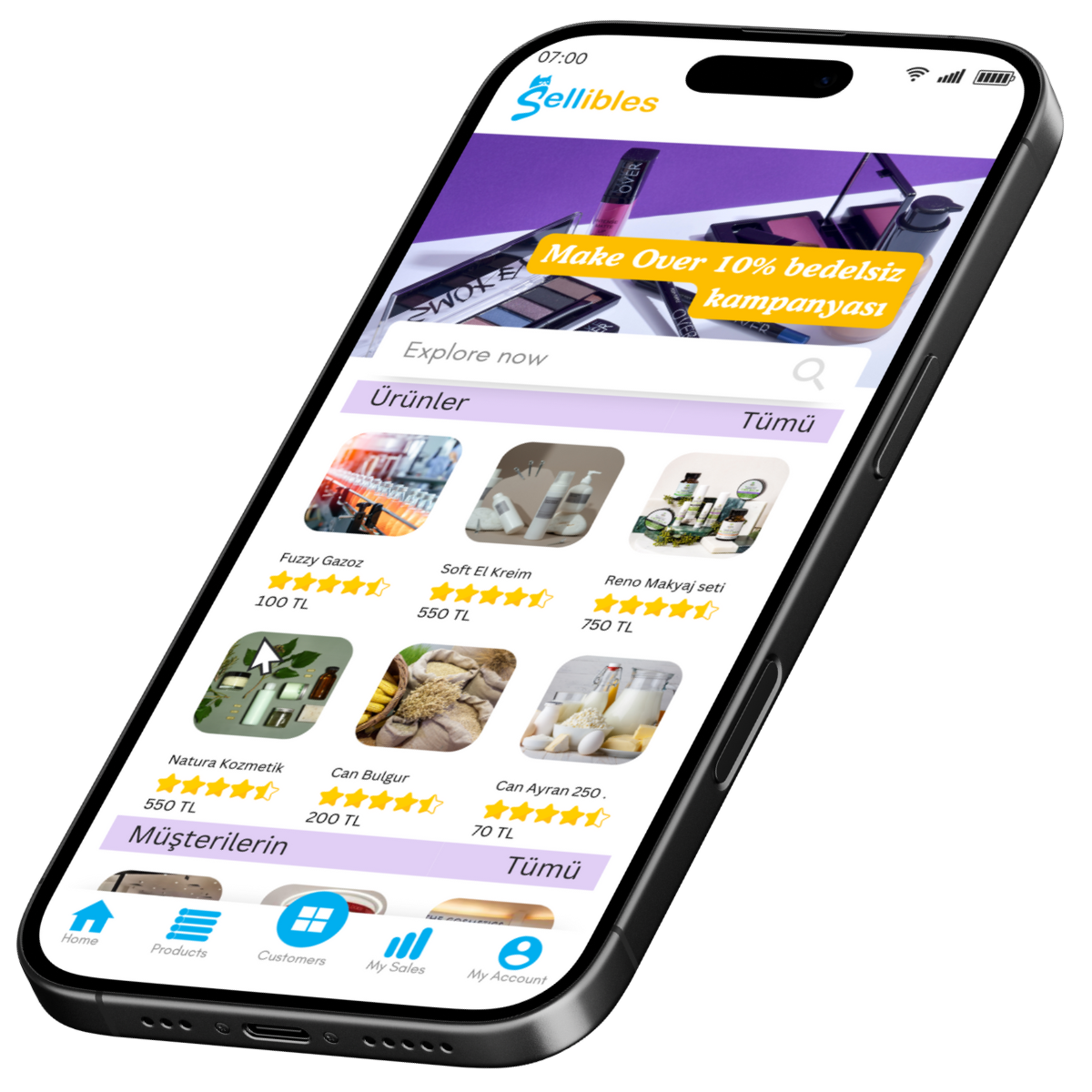 Sellibles Mobil Uygulaması 1 Sellibles bağımsız satış mobil uygulaması, ürün kategorilerini ve müşterileri 3D açılı bir akıllı telefonda gösteriyor.